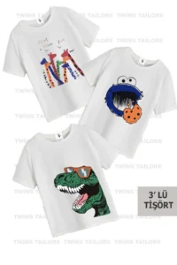 twins tailors Children's Dinosaur Printed White Crew Neck 3-Piece Children's T-shirt Pack