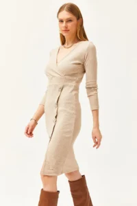 Olalook Women's Stone Double Breasted Collar Slit Button Detailed Raised Dress - Image 3