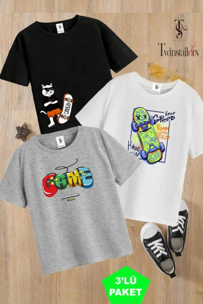 twins tailors Skateboard Printed 3 Pack Unisex White-Black-Grey Kids T-Shirt/T-Shirt