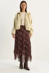 Bianco Lucci Women's Plaid Patterned Wrinkle Effect Lined Midi Chiffon Skirt