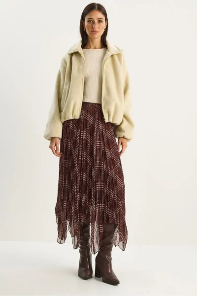 Bianco Lucci Women's Plaid Patterned Wrinkle Effect Lined Midi Chiffon Skirt