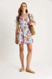 Bianco Lucci Women's Floral Patterned Bow Detailed Mini Dress 602 - Image 3