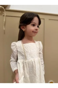 penu baby kids Ecru Bag Accessory Scalloped Long Sleeve Baby Girl Dress - Image 2