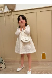 penu baby kids Ecru Bag Accessory Scalloped Long Sleeve Baby Girl Dress - Image 3