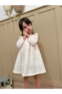 penu baby kids Ecru Bag Accessory Scalloped Long Sleeve Baby Girl Dress - Image 4