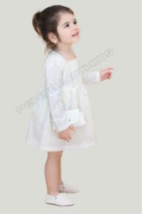 penu baby kids Ecru Bag Accessory Scalloped Long Sleeve Baby Girl Dress - Image 5