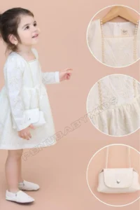 penu baby kids Ecru Bag Accessory Scalloped Long Sleeve Baby Girl Dress - Image 6