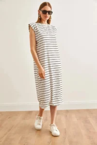 Cool & Sexy padded Striped Midi Dress White