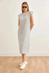 Cool & Sexy padded Striped Midi Dress White - Image 2