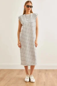 Cool & Sexy padded Striped Midi Dress White - Image 3