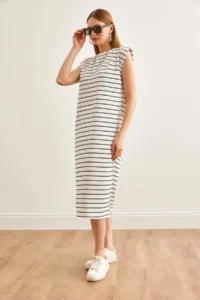 Cool & Sexy padded Striped Midi Dress White - Image 5