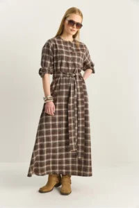 Bianco Lucci Women's Plaid Patterned Crew Neck Belted Flared Cotton Dress 5611 - Image 6