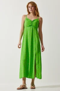 Happiness İstanbul Women's Pistachio Green Strappy Patterned Viscose Dress - Image 4