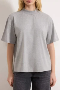 TRENDYOLMİLLA Gray Melange 100% Thick Cotton Dog collar Three Quarter Sleeve Knitting T-Shirt - Image 3
