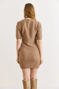 Olalook Women's Camel Crew Neck Short Sleeve Mini Knitwear Dress - Image 3