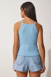 Happiness İstanbul Women's Sky Blue Ribbed Crop Halter Neck Knitted Undershirt - Image 4