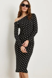 Olalook Women's Polka Dot Black Boat Neck Knitted Mini Dress - Image 5