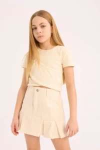DeFacto Slim Fit Narrow Cut Crew Neck Basic Plain Rib Short Sleeve T-Shirt Girl Child
