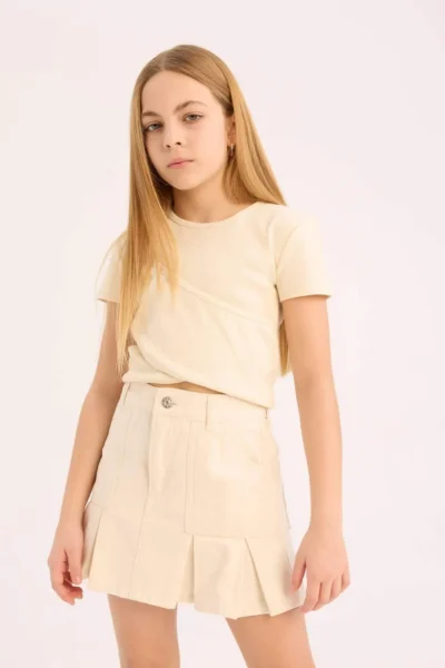DeFacto Slim Fit Narrow Cut Crew Neck Basic Plain Rib Short Sleeve T-Shirt Girl Child