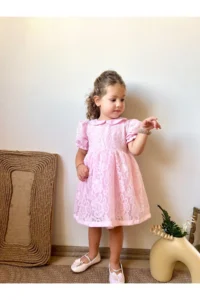 penu baby kids Pink Lace Collar Inside Tulle Short Sleeve Baby Girl Dress
