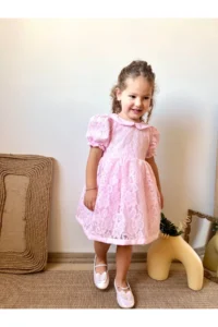 penu baby kids Pink Lace Collar Inside Tulle Short Sleeve Baby Girl Dress - Image 2