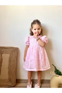 penu baby kids Pink Lace Collar Inside Tulle Short Sleeve Baby Girl Dress - Image 4