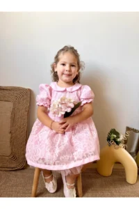 penu baby kids Pink Lace Collar Inside Tulle Short Sleeve Baby Girl Dress - Image 5