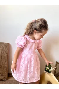 penu baby kids Pink Lace Collar Inside Tulle Short Sleeve Baby Girl Dress - Image 7