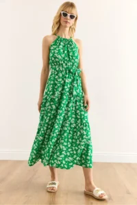 Olalook Women's Green White Floral Halter Neck Belted Woven Viscon Dress