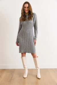 Olalook Women's Gray Banded Waist Slit Hair Knitted Mini Dress - Image 2