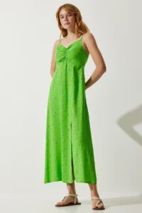 Happiness İstanbul Women's Pistachio Green Strappy Patterned Viscose Dress - Image 2