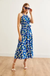 Olalook Women's Daisy Saks Blue Halter Collar Belted Woven Viscon Dress - Image 5