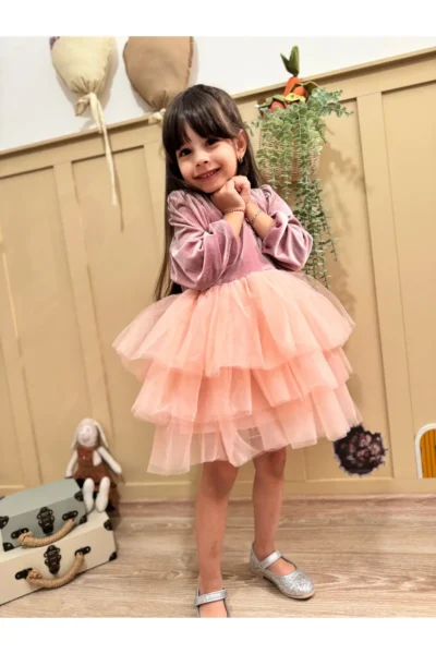 penu baby kids Powder Velvet Fabric Skirt Layered Baby Girl Dress