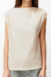 TRENDYOLMİLLA Stone Boat Neck Zero Sleeve Shirred Knitting T-Shirt - Image 5