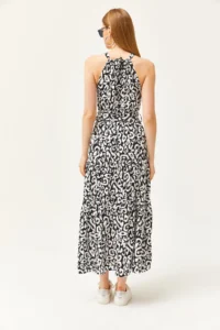 Olalook Women's Ethnic Black White Halter Neck Belted Woven Viscon Dress - Image 4