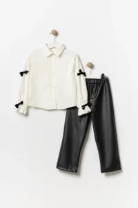 Minipodyum Girl's Bottom Top Set with Leather Trousers Eid Set 3-Piece - Image 4