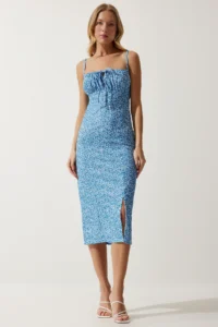 Happiness İstanbul Women's Vivid Sky Blue Floral Slit Summer Knitted Dress CI00029 - Image 3