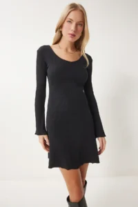 Happiness İstanbul Women Black V-neck Ribbed A-Line Knitting Dress EN00632 - Image 2