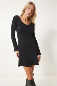 Happiness İstanbul Women Black V-neck Ribbed A-Line Knitting Dress EN00632 - Image 3