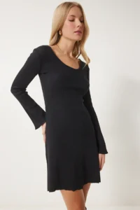 Happiness İstanbul Women Black V-neck Ribbed A-Line Knitting Dress EN00632 - Image 4