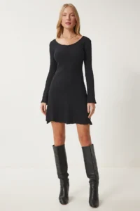 Happiness İstanbul Women Black V-neck Ribbed A-Line Knitting Dress EN00632 - Image 5