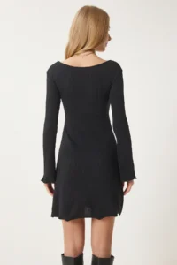 Happiness İstanbul Women Black V-neck Ribbed A-Line Knitting Dress EN00632 - Image 7