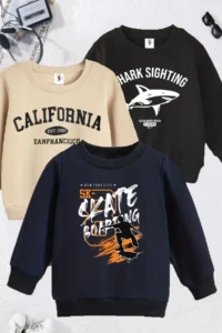 twins tailors Shark And Mixed Printed 3-Pack Unisex Navy Blue-Black-Beige Kids Sweatshirts