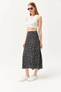 Olalook Women's Japanese Black Elastic Waist Patterned Long Skirt - Image 5