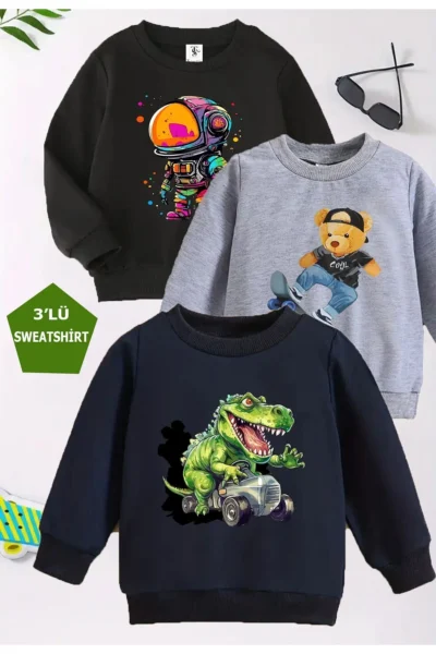 twins tailors Astronaut Printed 3 Pack Unisex Navy Blue-Grey-Black Crew Neck Kids Sweatshirt