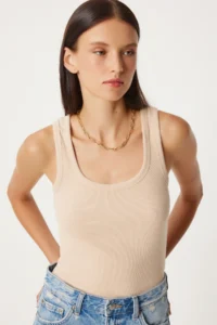 Lovelyİstanbul 2-Piece Ribbed Thick Strap Knitted Undershirt BISCUIT CREAM - Image 3