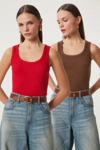 Lovelyİstanbul 2-Piece Ribbed Thick Strap Knitted Undershirt BROWN RED