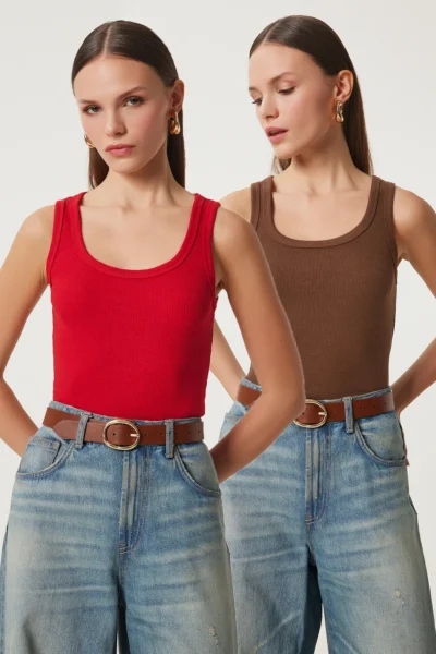 Lovelyİstanbul 2-Piece Ribbed Thick Strap Knitted Undershirt BROWN RED