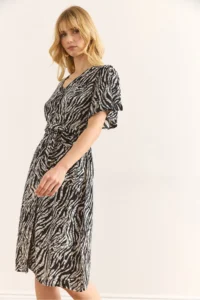 Olalook Women's Zebra Black V-Neck Belted Woven Mini Shirt Dress - Image 2