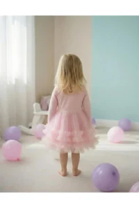 penu baby kids Pink Hemline, 2 Layers Ruffle Detailed Long Sleeve Girl's Dress - Image 2